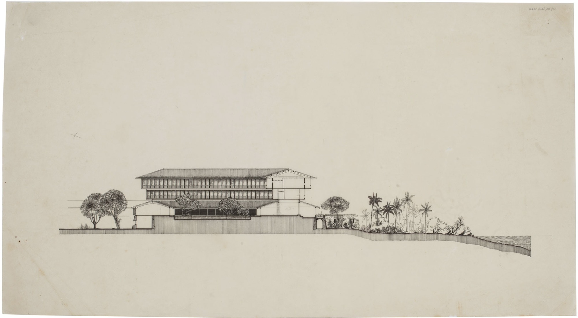 Vernon Nonis, cross-sectional elevation, Bentota Beach Hotel, ink on tracing paper, c. 1986. Courtesy by Geoffrey Bawa and Lunuganga Trusts, all rights reserved.