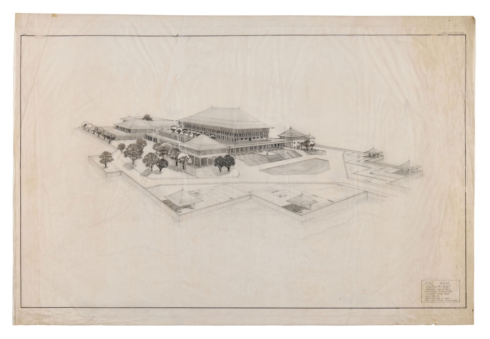 Akhtar, perspectival drawing, New Sri Lankan Parliament, graphite on tracing paper, 1979. Courtesy by Geoffrey Bawa and Lunuganga Trusts, all rights reserved.