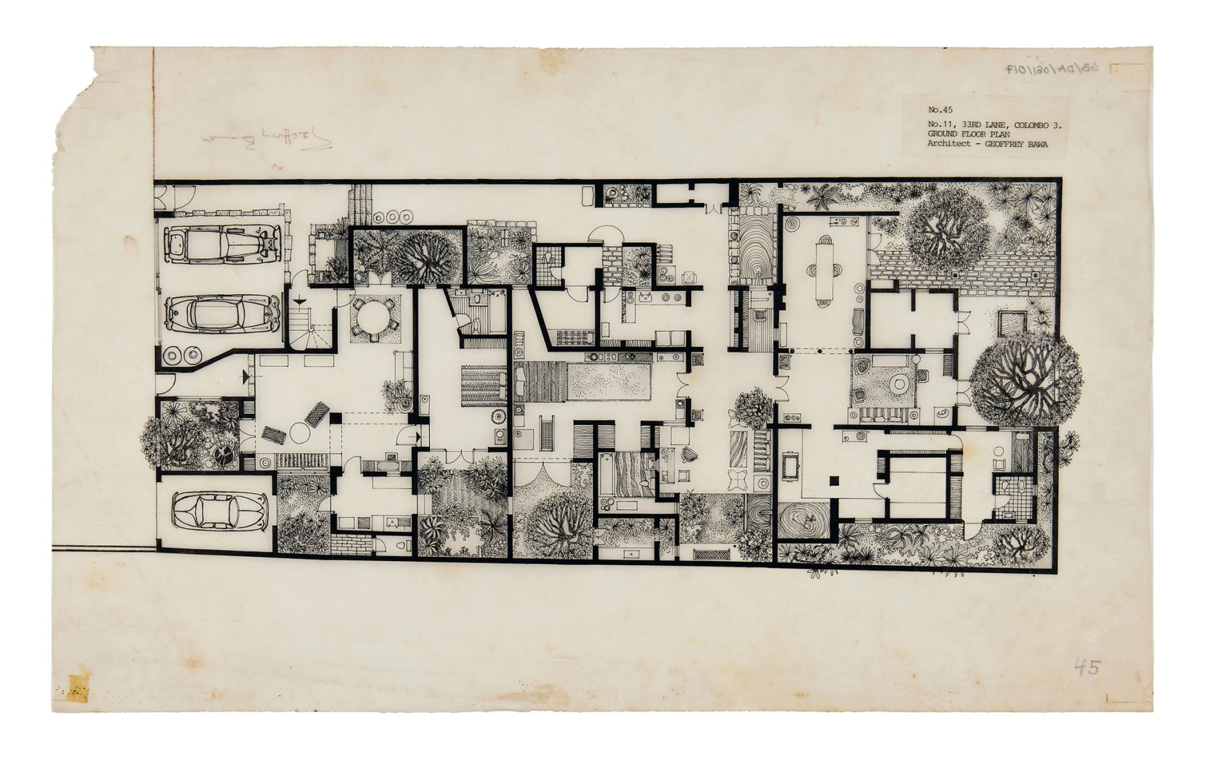 Vernon Nonis, ground floor plan, Number 11 [House for Geoffrey Bawa], ink on tracing paper, 1985. Courtesy by Geoffrey Bawa and Lunuganga Trusts, all rights reserved.