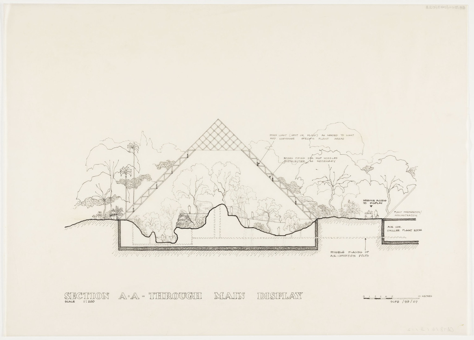 Section through main display, competition for Singapore Cloud Centre, ink on vellum, 1989. Courtesy by M+ Hong Kong, Geoffrey Bawa and Lunuganga Trusts.