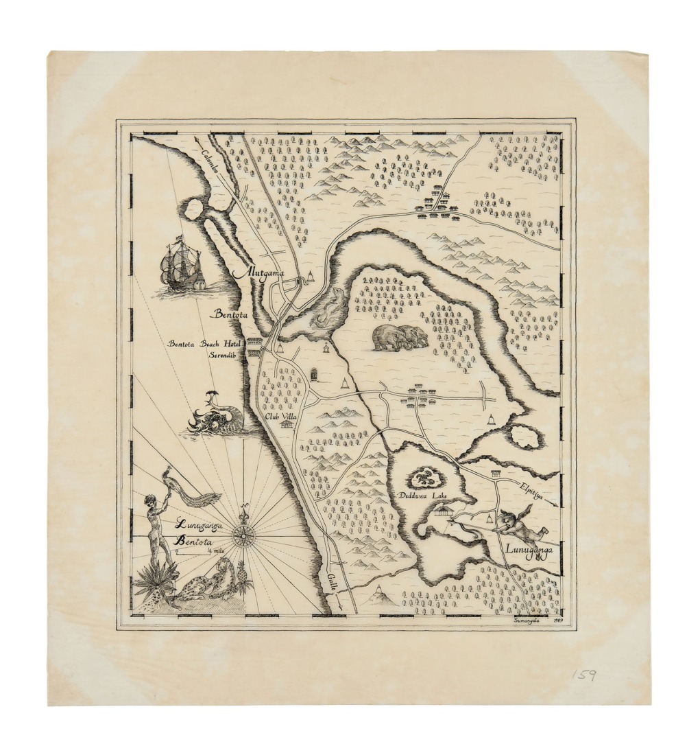 Sumangala Jayatillaka, Lunuganga Map, ink on vellum, 1989. Courtesy by Geoffrey Bawa and Lunuganga Trusts, all rights reserved.
