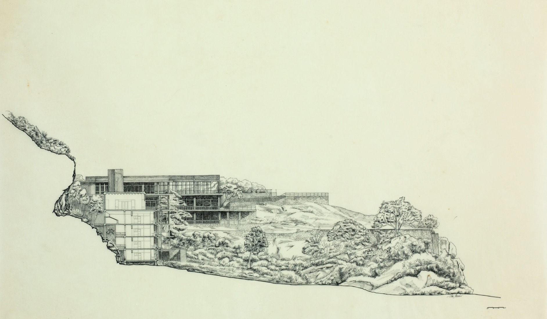 Tim Beacher, sectional elevation through the site, Kandalama Hotel, ink on tracing paper, 1994. Courtesy by Geoffrey Bawa and Lunuganga Trusts, all rights reserved.