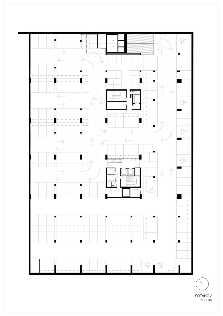 Plano de segunda planta sótano. Fundación Universitaria Compensar por Bermúdez Arquitectos.