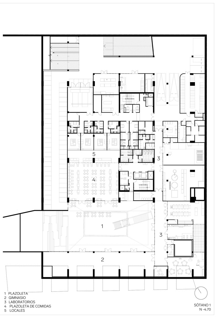 Plano de primera planta sótano. Fundación Universitaria Compensar por Bermúdez Arquitectos.
