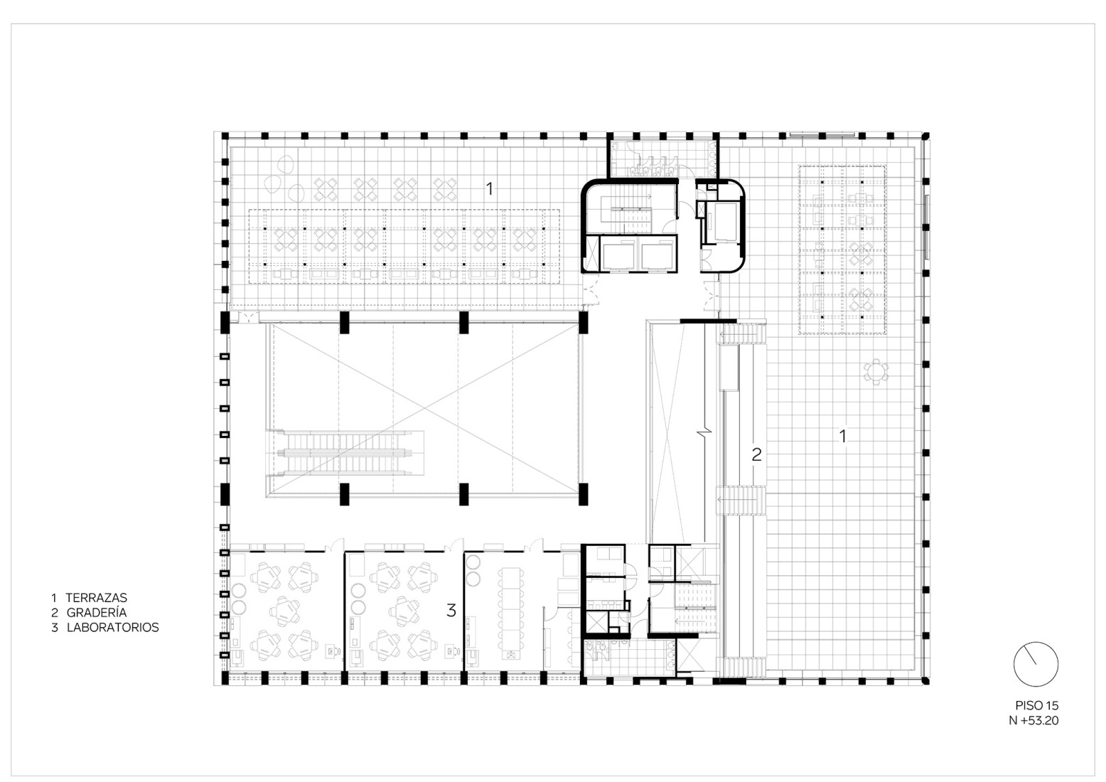Plano de quinceava planta. Fundación Universitaria Compensar por Bermúdez Arquitectos.