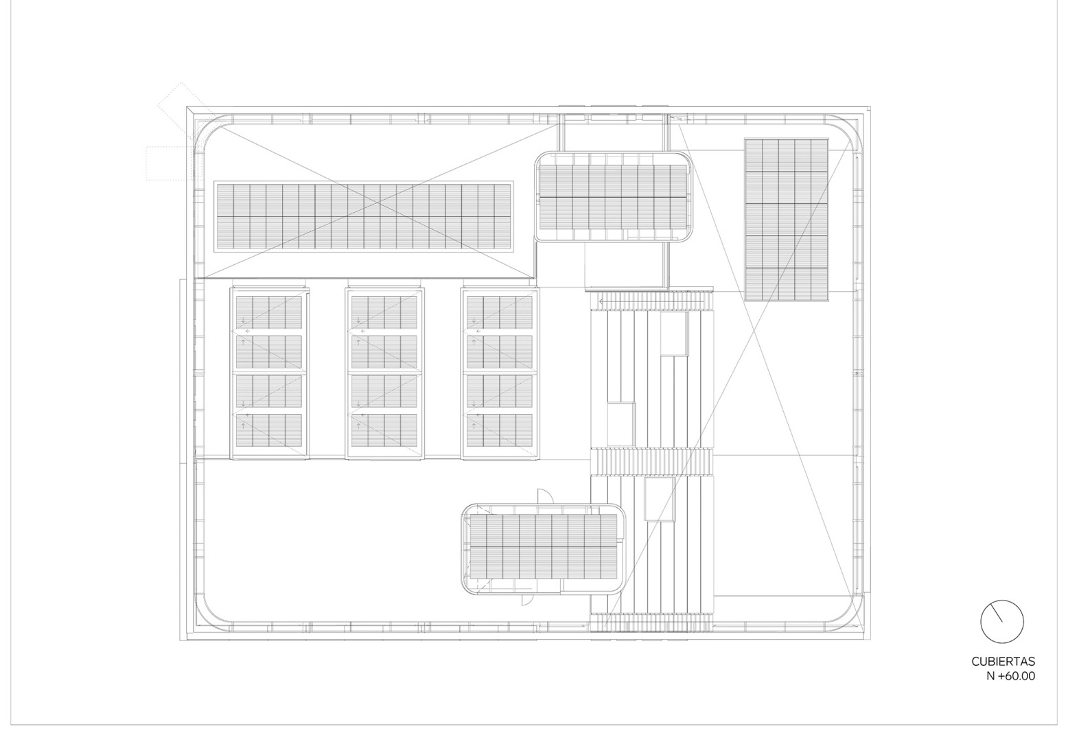 Plano de planta cubierta. Fundación Universitaria Compensar por Bermúdez Arquitectos.