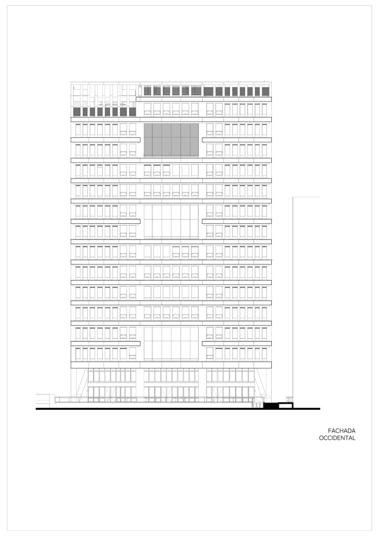 Alzado oeste. Fundación Universitaria Compensar por Bermúdez Arquitectos.