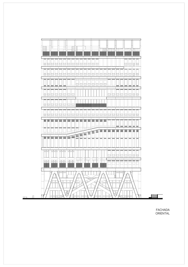 Alzado este. Fundación Universitaria Compensar por Bermúdez Arquitectos.