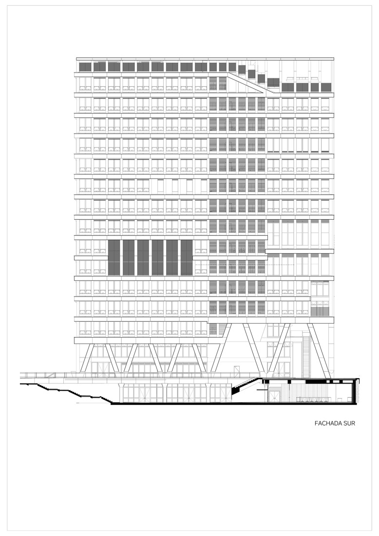 Alzado sur. Fundación Universitaria Compensar por Bermúdez Arquitectos.