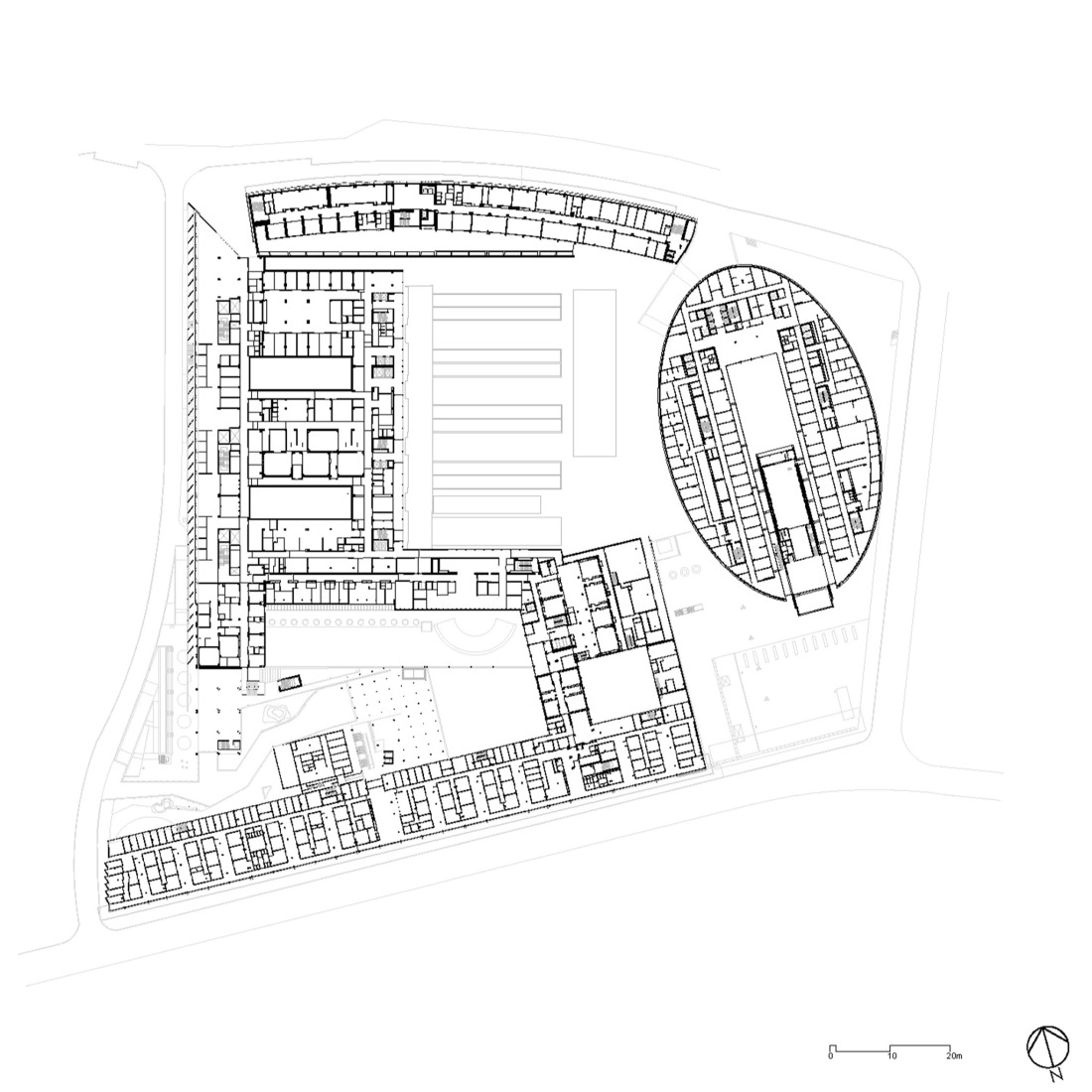 Plano de planta general. Rehabilitación y ampliación del Hospital del Mar por Brullet-De Luna Arquitectes y PINEARQ. 