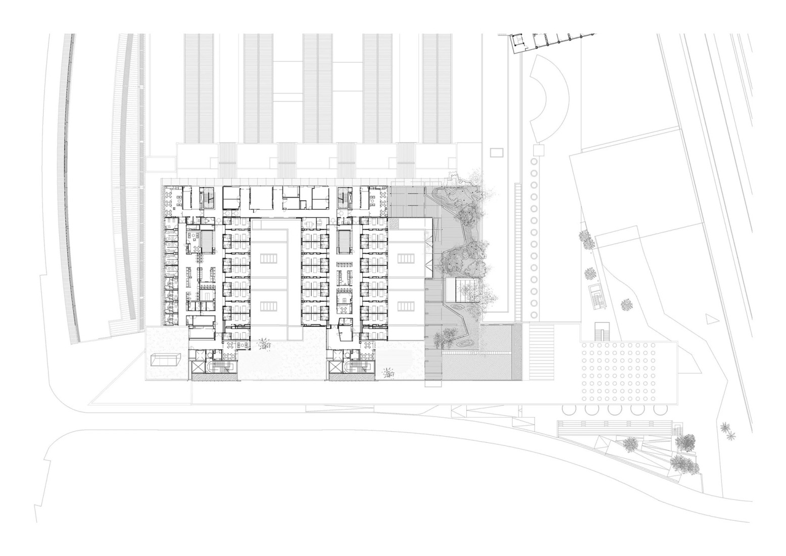 Plano de planta ampliación. Rehabilitación y ampliación del Hospital del Mar por Brullet-De Luna Arquitectes y PINEARQ. 