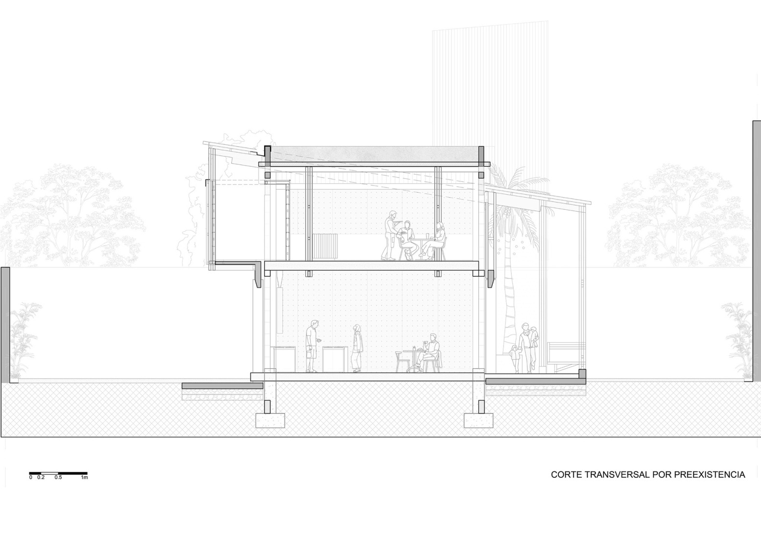 Sección preexistencia. «Autohelado LV Escalada» por DRM Arquitectura.