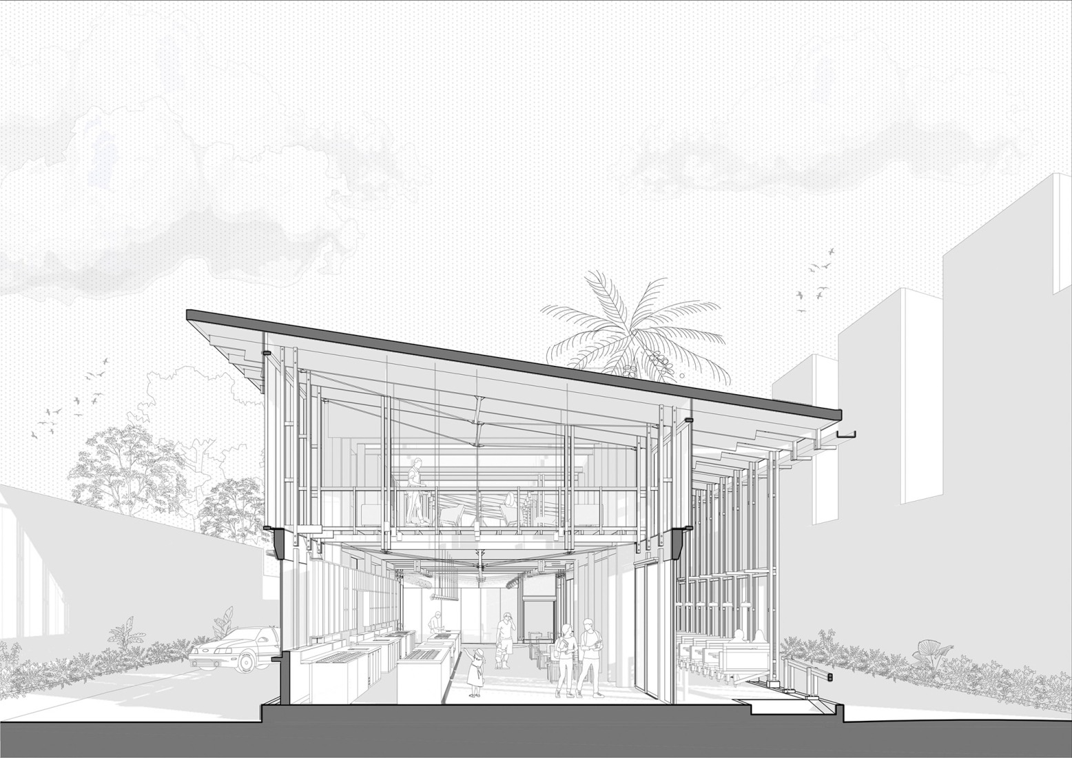 Sección en perspectiva. «Autohelado LV Escalada» por DRM Arquitectura.