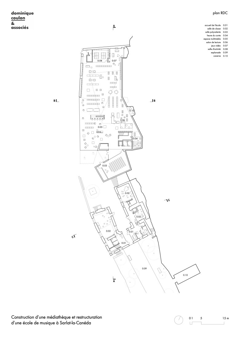 Plano de planta baja. Mediateca y escuela de música por Dominique Coulon & associés. 