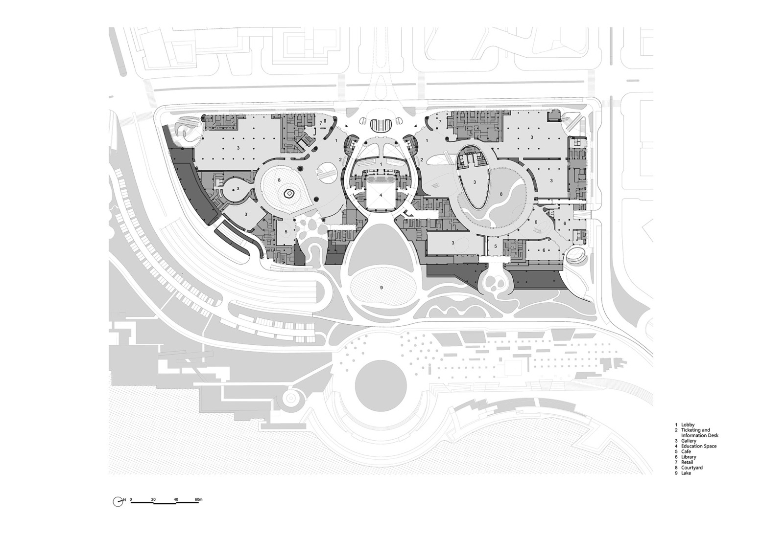 Plano de primera planta. Plaza Cultural de la Bahía de Shenzhen por MAD. 