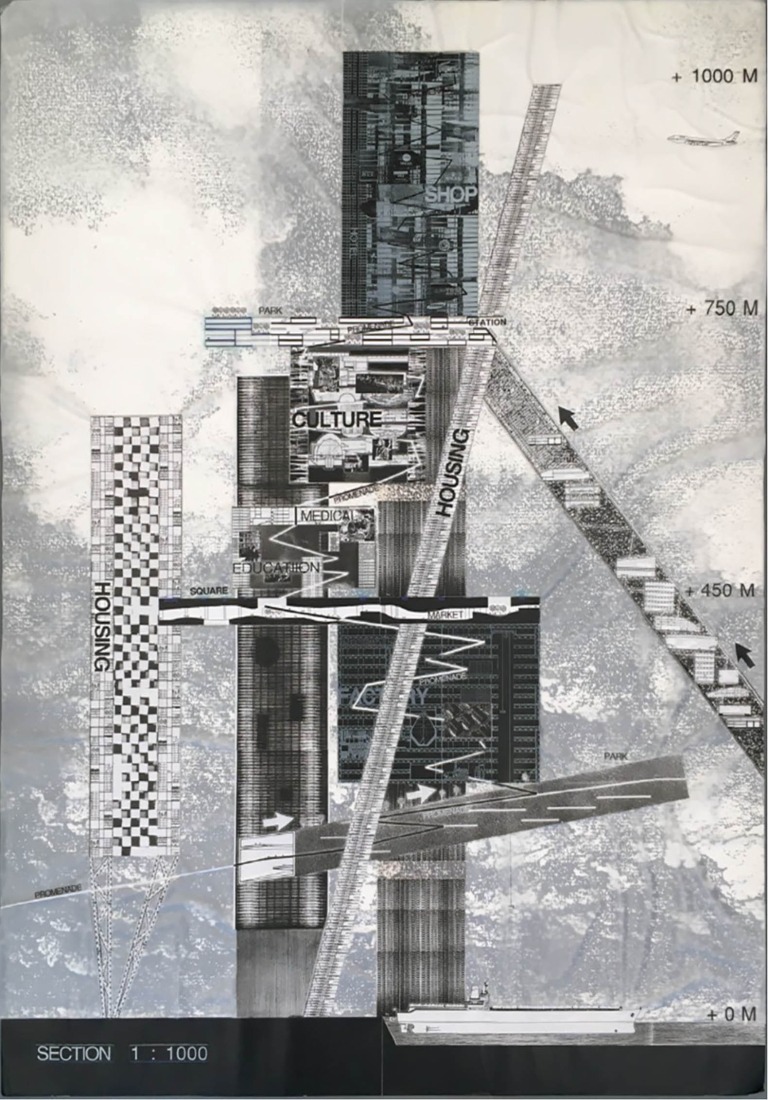 «Hiperedificio», panel de presentación, OMA, 1996. Cortesía de OMA, Rotterdam, Países Bajos.