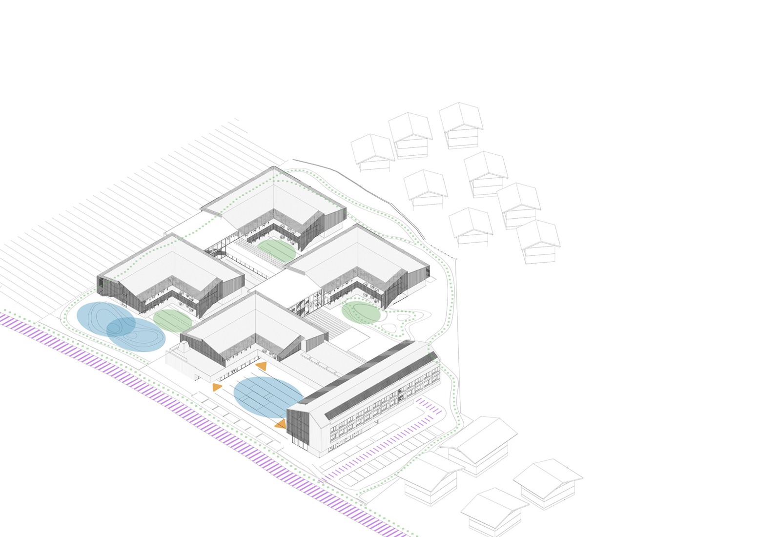 Axonometría patios. Residencia Casa Ella por PINEARQ. 