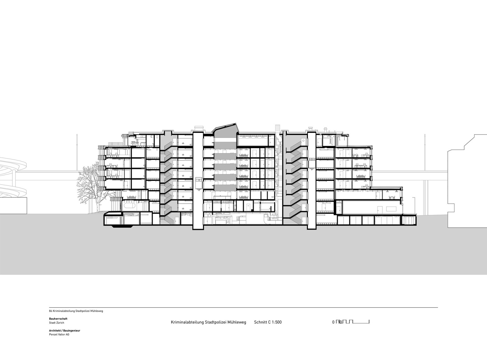 Longitudinal section. Criminal Investigation Department by Penzel Valier.