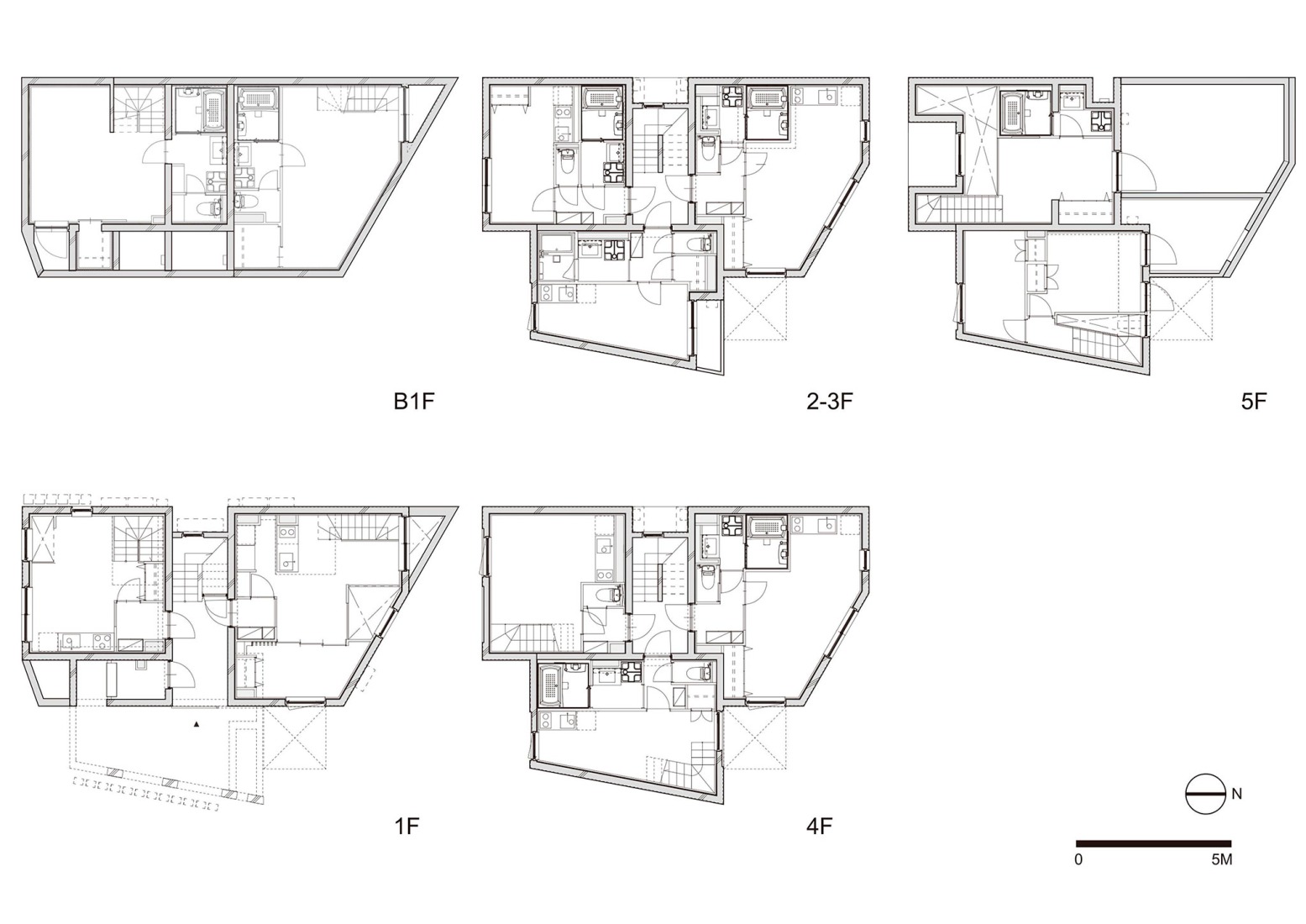 Floor plans. Shin-Nakano Trapezoidal by Ryuichi Sasaki Architecture. 