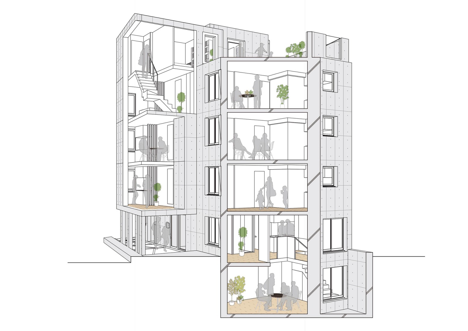 Perspective section. Shin-Nakano Trapezoidal by Ryuichi Sasaki Architecture. 