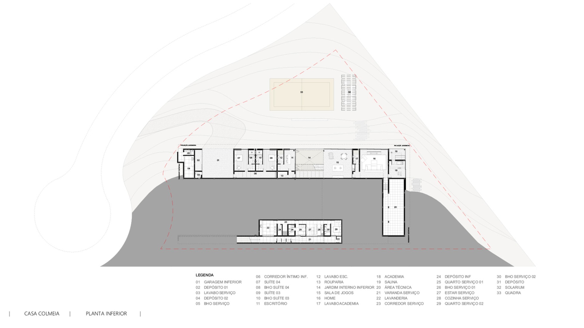 Bassament floor plan. "Casa Colmeia" by Sabella Arquitetura.