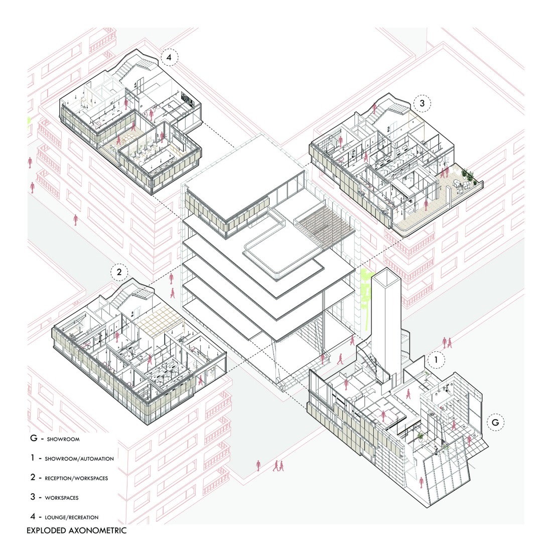 Exploded axonometry. "Screened Spaces" by Studio UF+O.