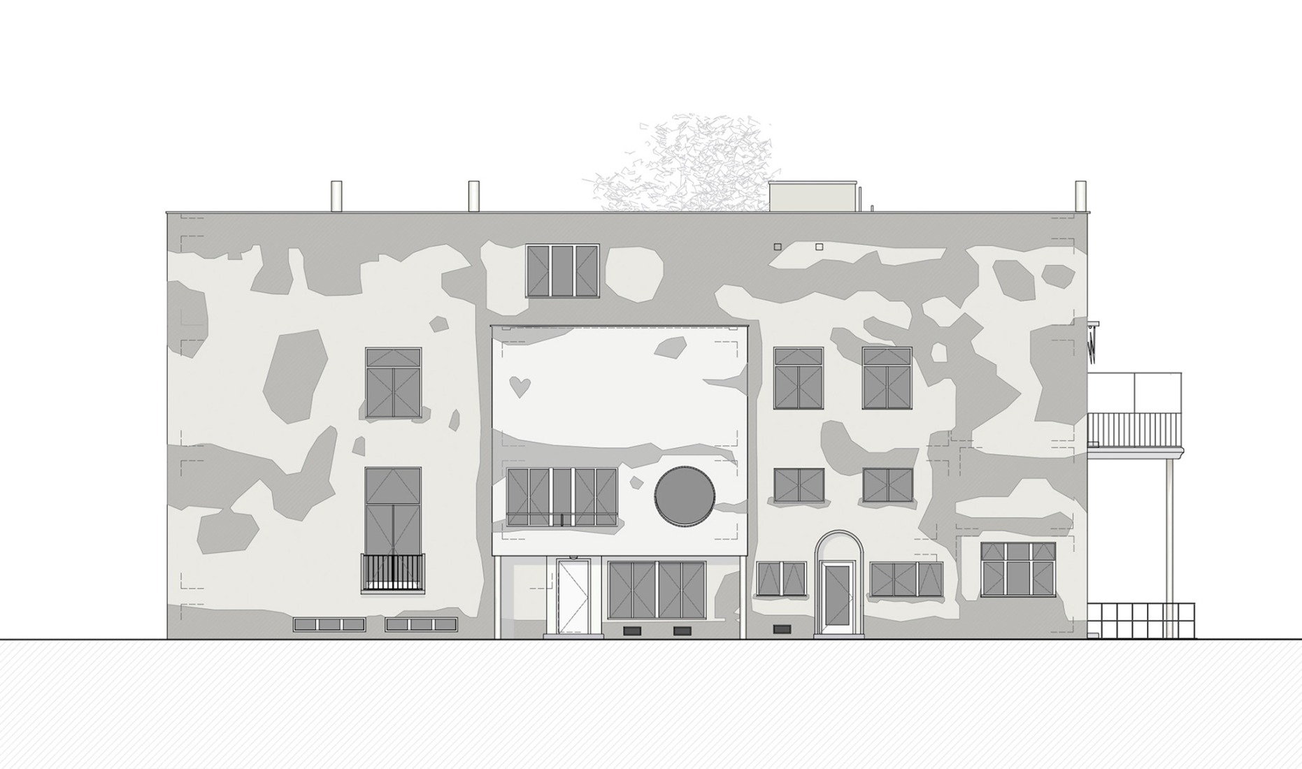 Sketch of the damage on the façade. Villa Beer by Josef Frank and Oskar Wlach. Renovation by Christian Prasser. 