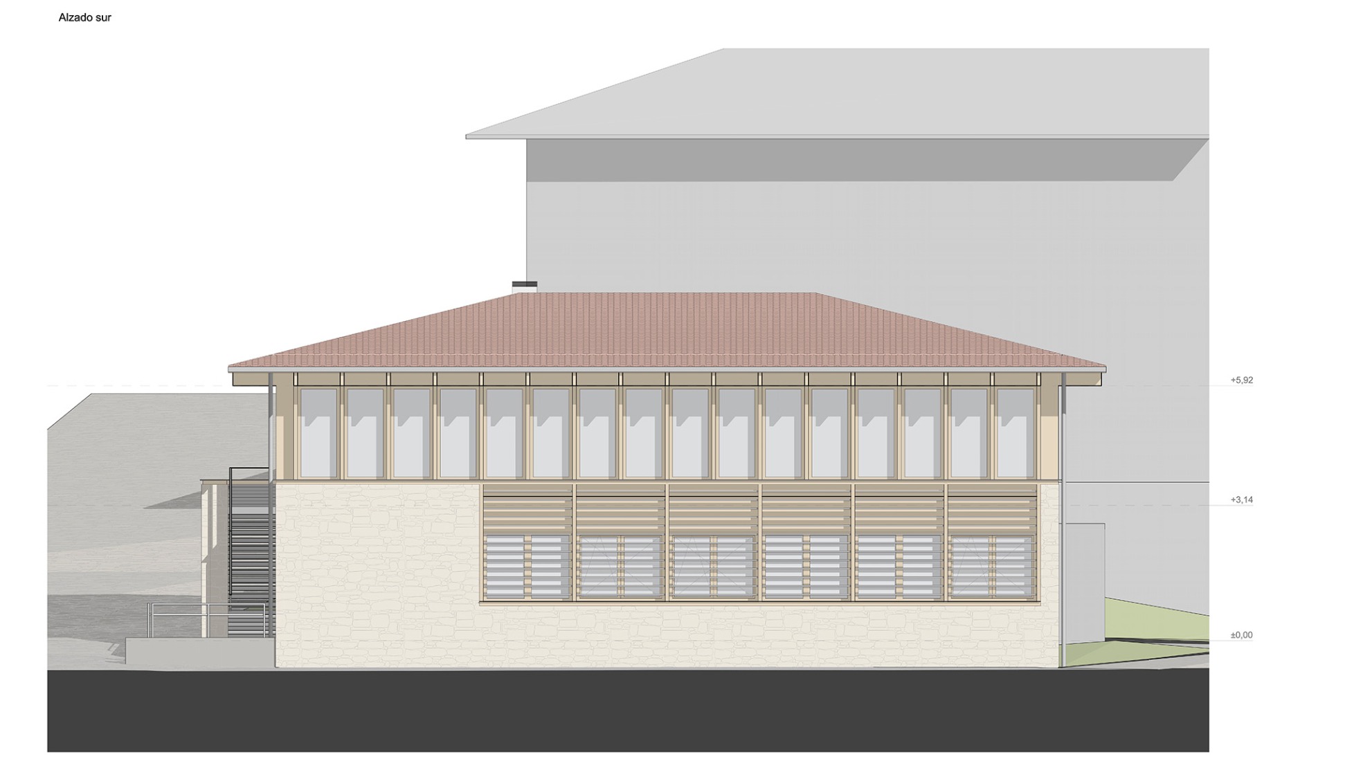South Elevation. Multi-purpose building by Araiz Floristán Arquitectos.