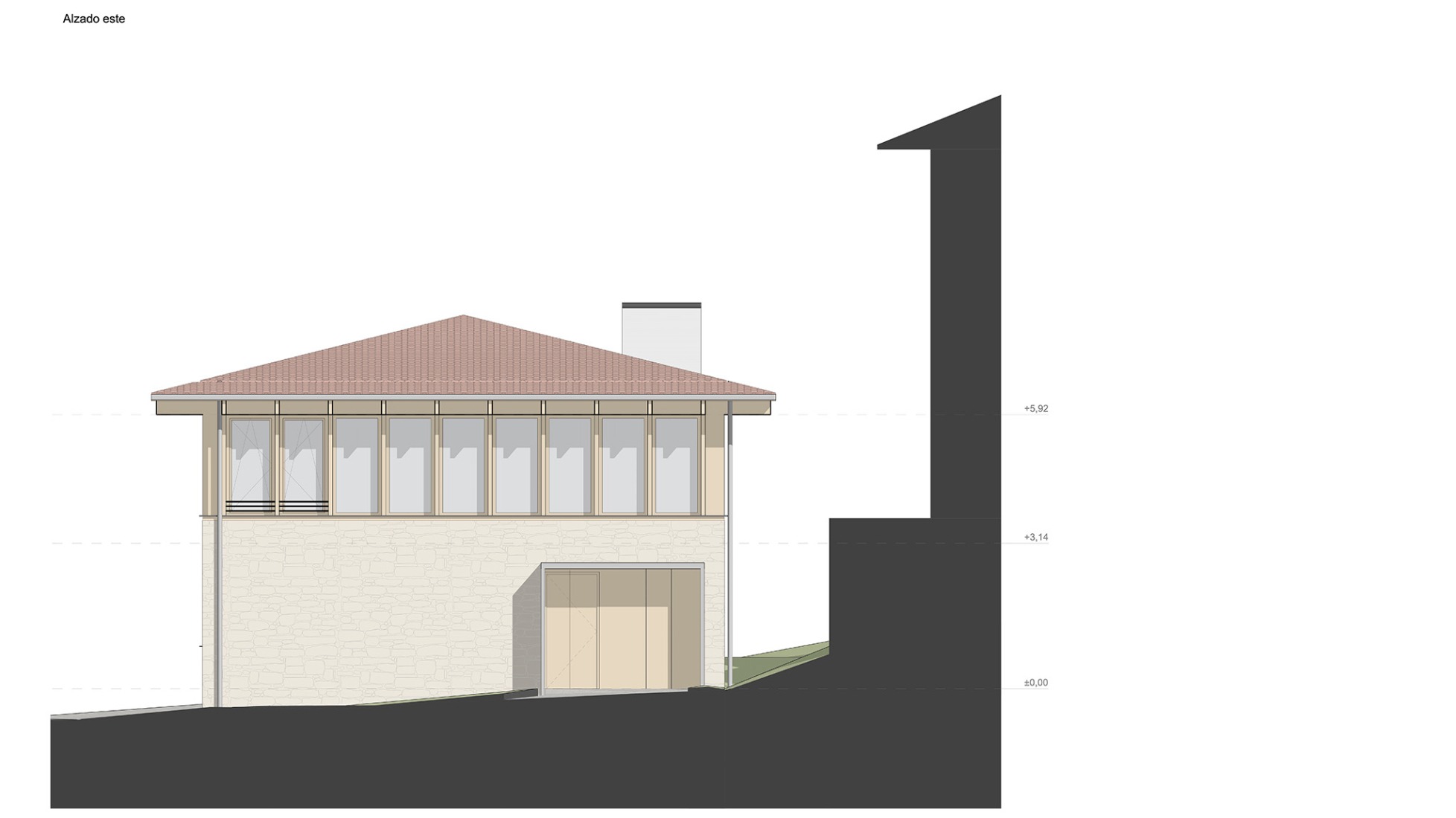 East Elevation. Multi-purpose building by Araiz Floristán Arquitectos.