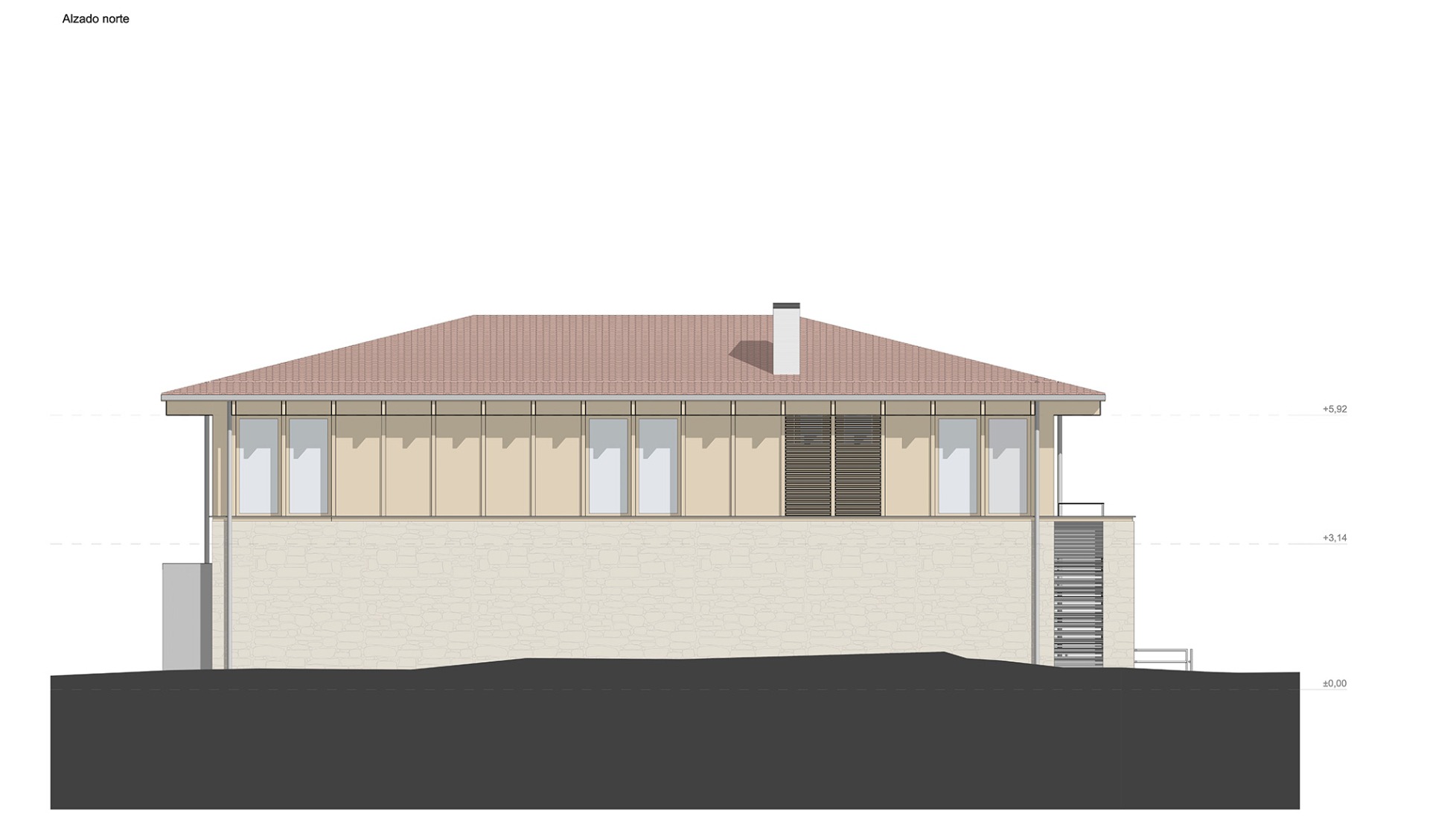North Elevation. Multi-purpose building by Araiz Floristán Arquitectos.