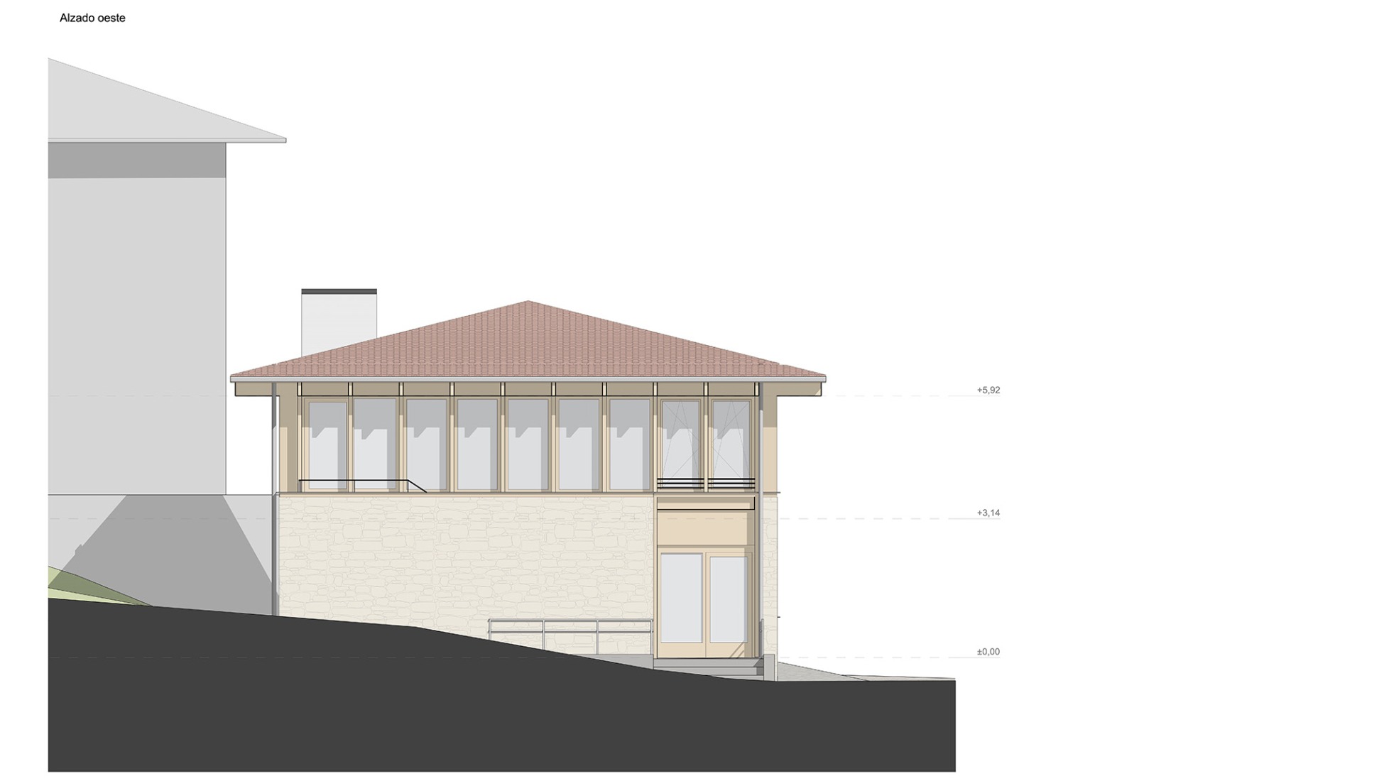 West Elevation. Multi-purpose building by Araiz Floristán Arquitectos.