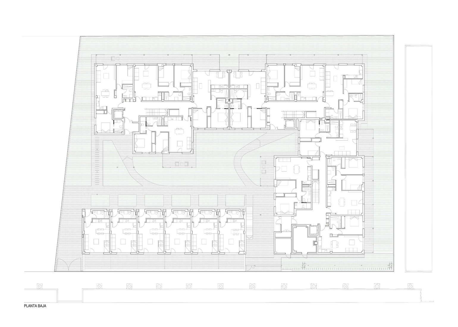Plano de planta baja. 59 viviendas colaborativas de alquiler social por AYRe. 
