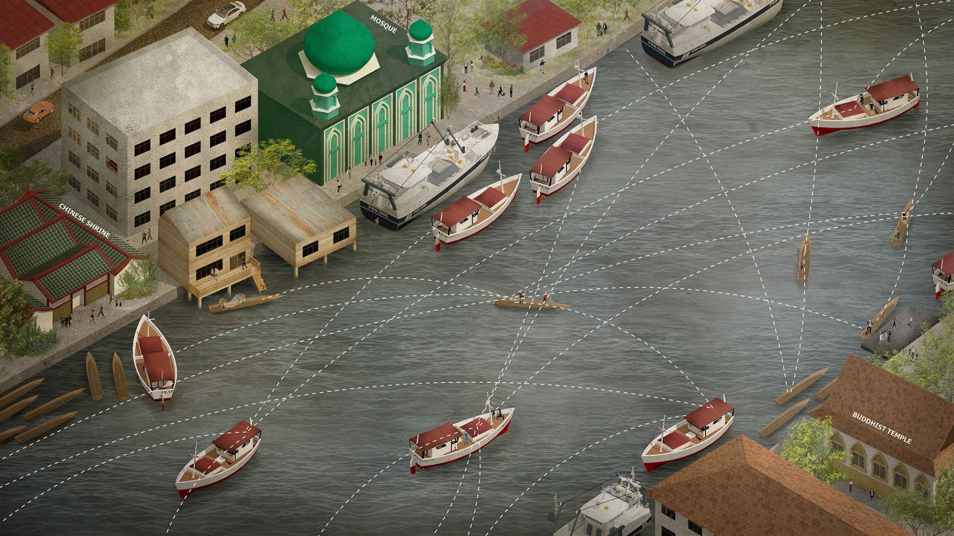 Riverfront research diagram by architects Jenchieh Hung and Kulthida Songkittipakdee. Pattani Fishermen Community Hub by HAS design and research.