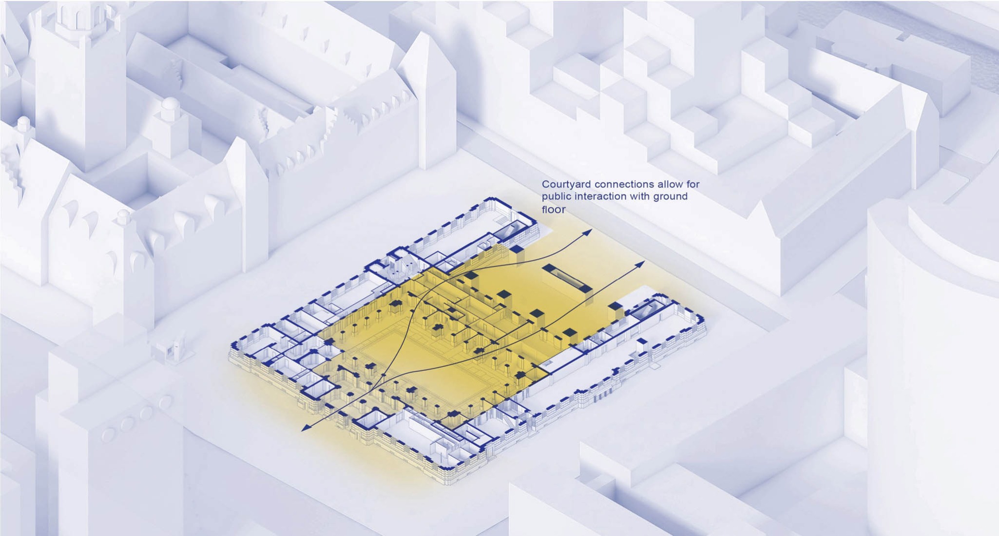 Selected isometric view highlighting the central conservation and reuse areas of the POST Rotterdam project by ODA New York.