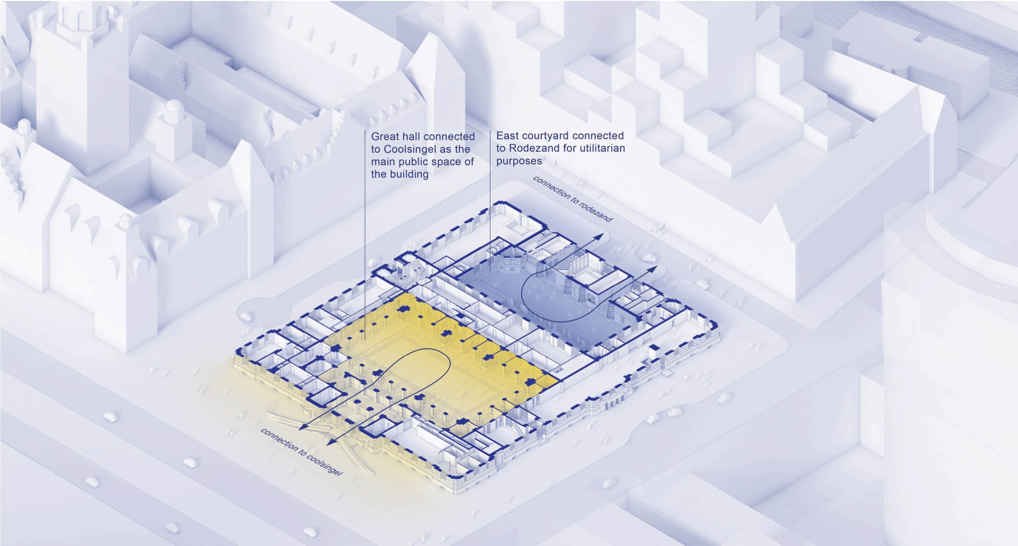 Selected isometric view highlighting the central conservation and reuse areas of the POST Rotterdam project by ODA New York.