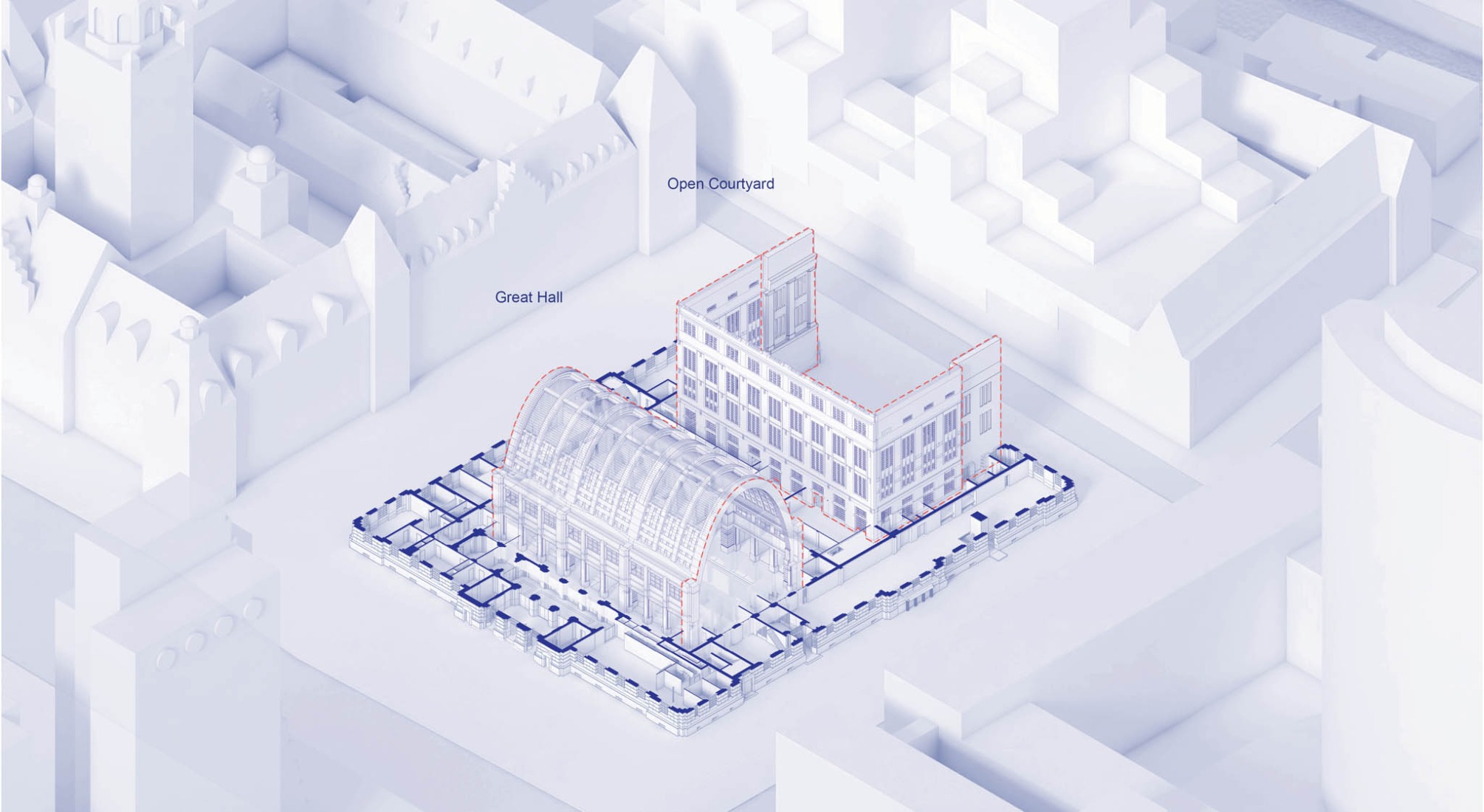 Selected isometric view highlighting the central conservation and reuse areas of the POST Rotterdam project by ODA New York.