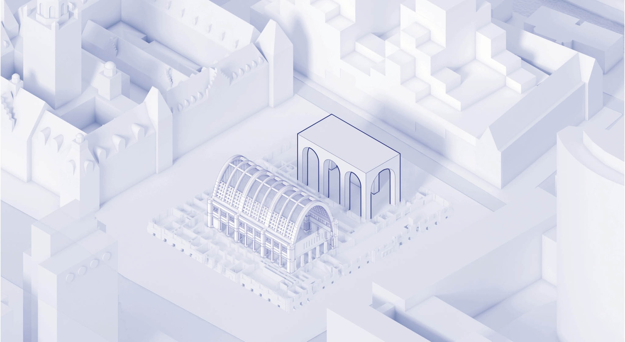 Selected isometric view highlighting the central conservation and reuse areas of the POST Rotterdam project by ODA New York.