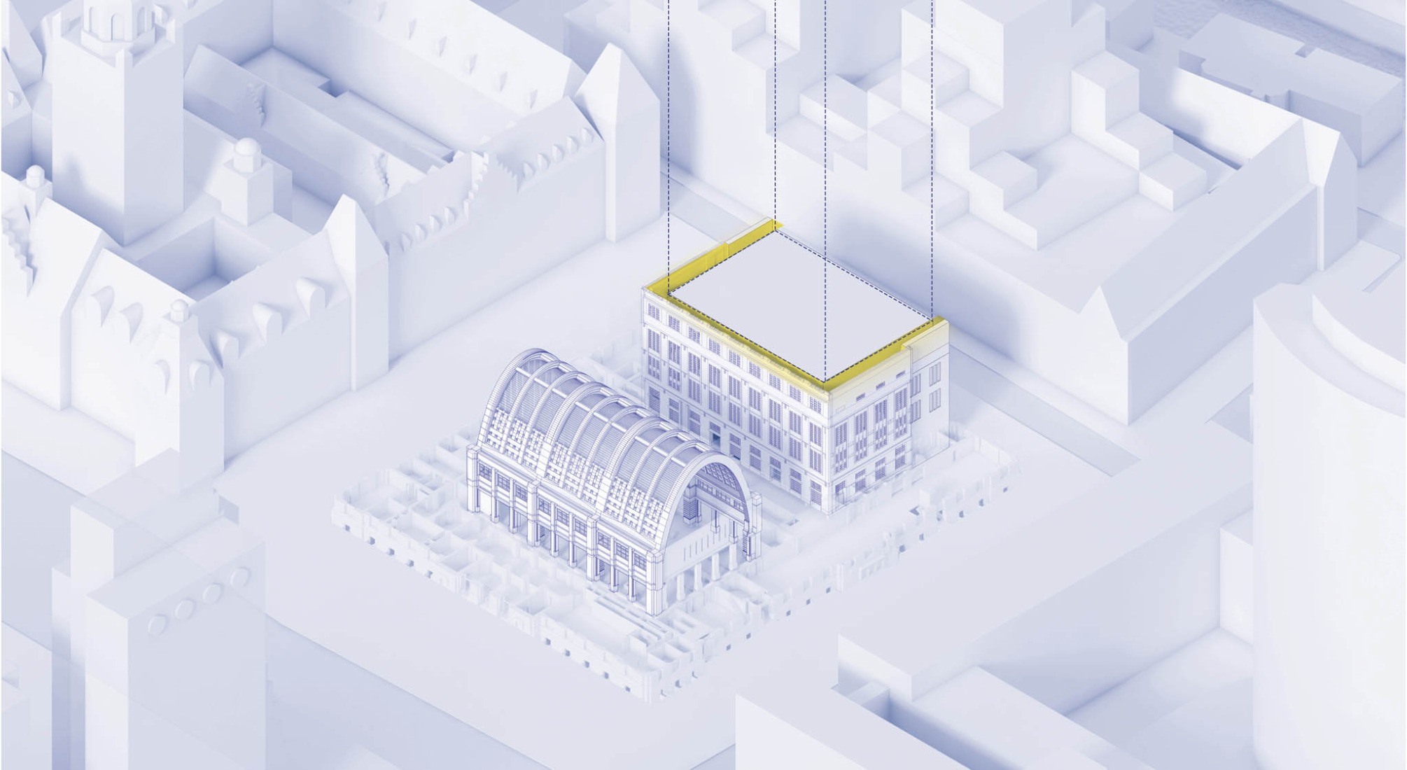 Selected isometric view highlighting the central conservation and reuse areas of the POST Rotterdam project by ODA New York.