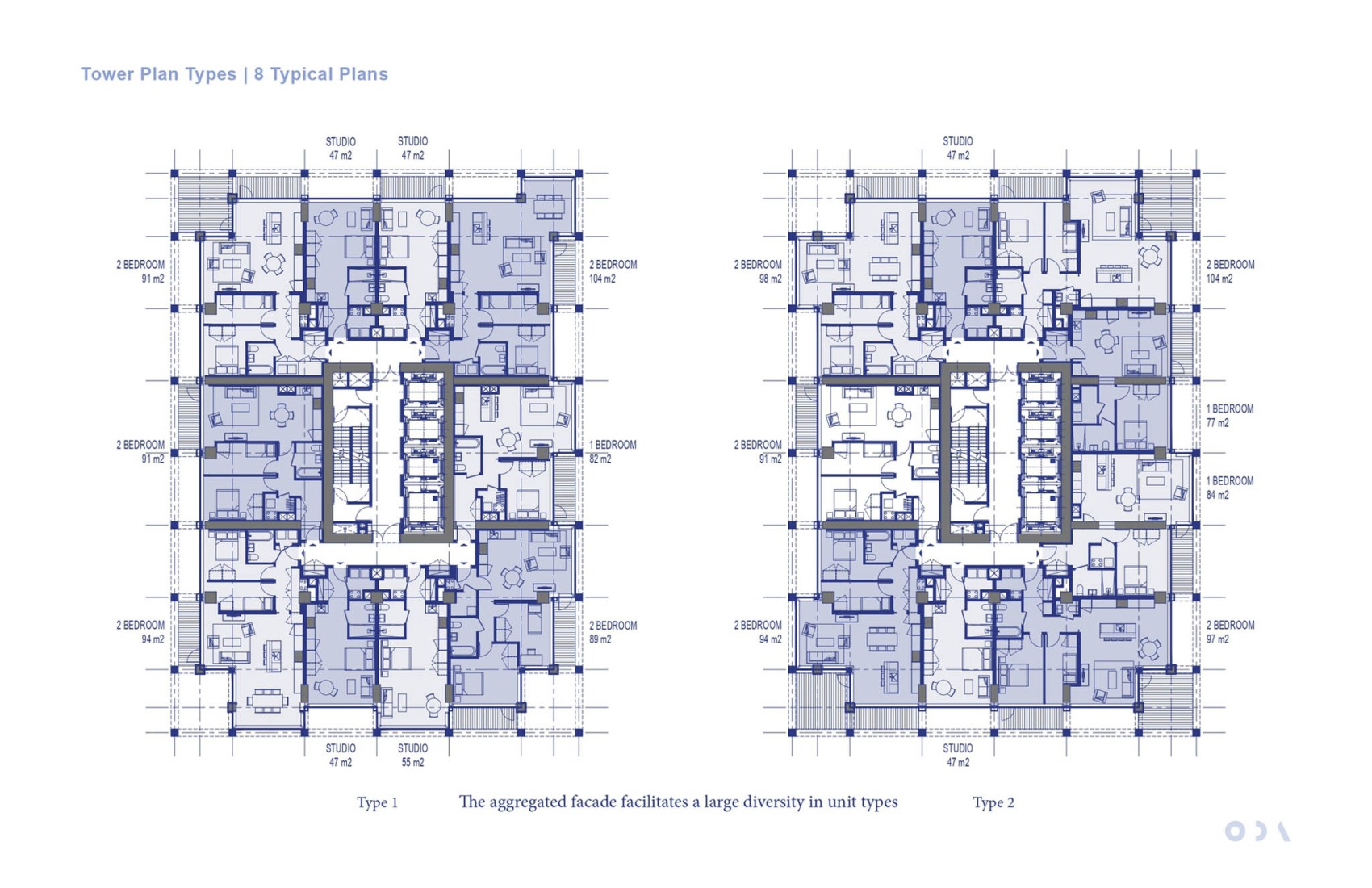 Tower Plan Types. Type 1 and Type 2. POST Rotterdam project by ODA New York.