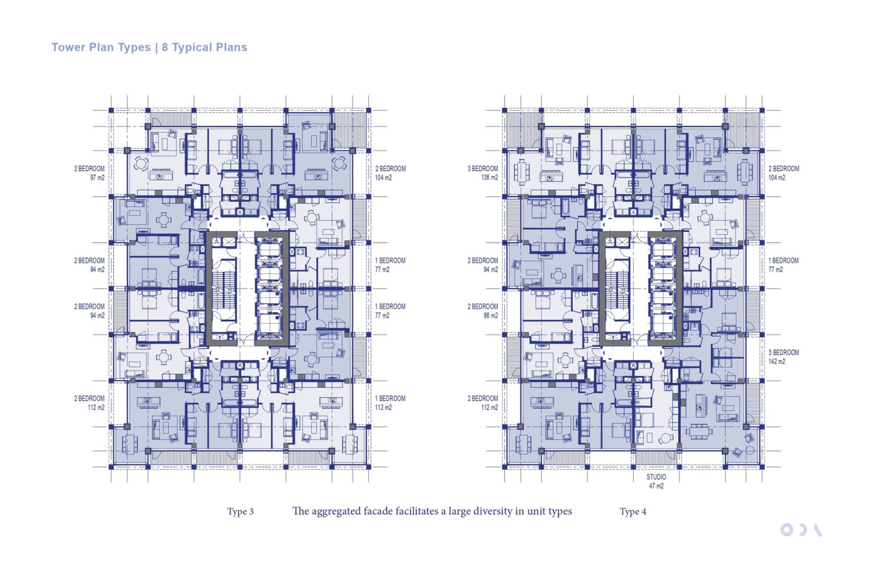 Tower Plan Types. Type 3 and Type 4. POST Rotterdam project by ODA New York.