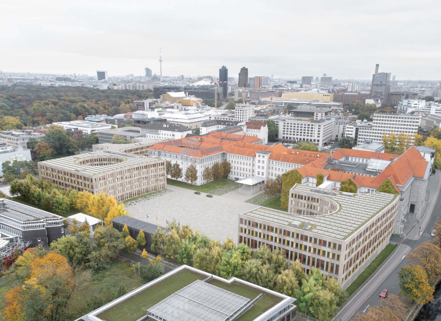 Extension of the Federal Ministry of Defence’s Berlin offices by Sauerbruch Hutton. Rendering by Philipp Obkircher.