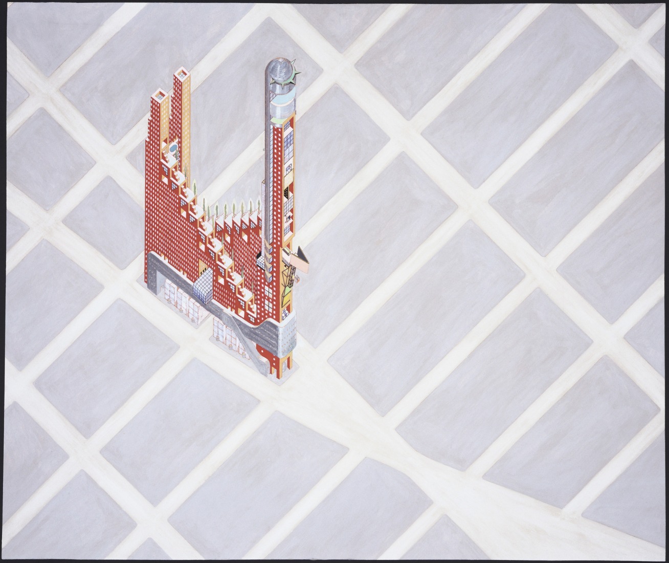Hotel Sphinx Project, New York, (Axonometric), 1975–1976, by Elia Zenghelis, Zoe Zenghelis. (46.7 x 55.9 cm)