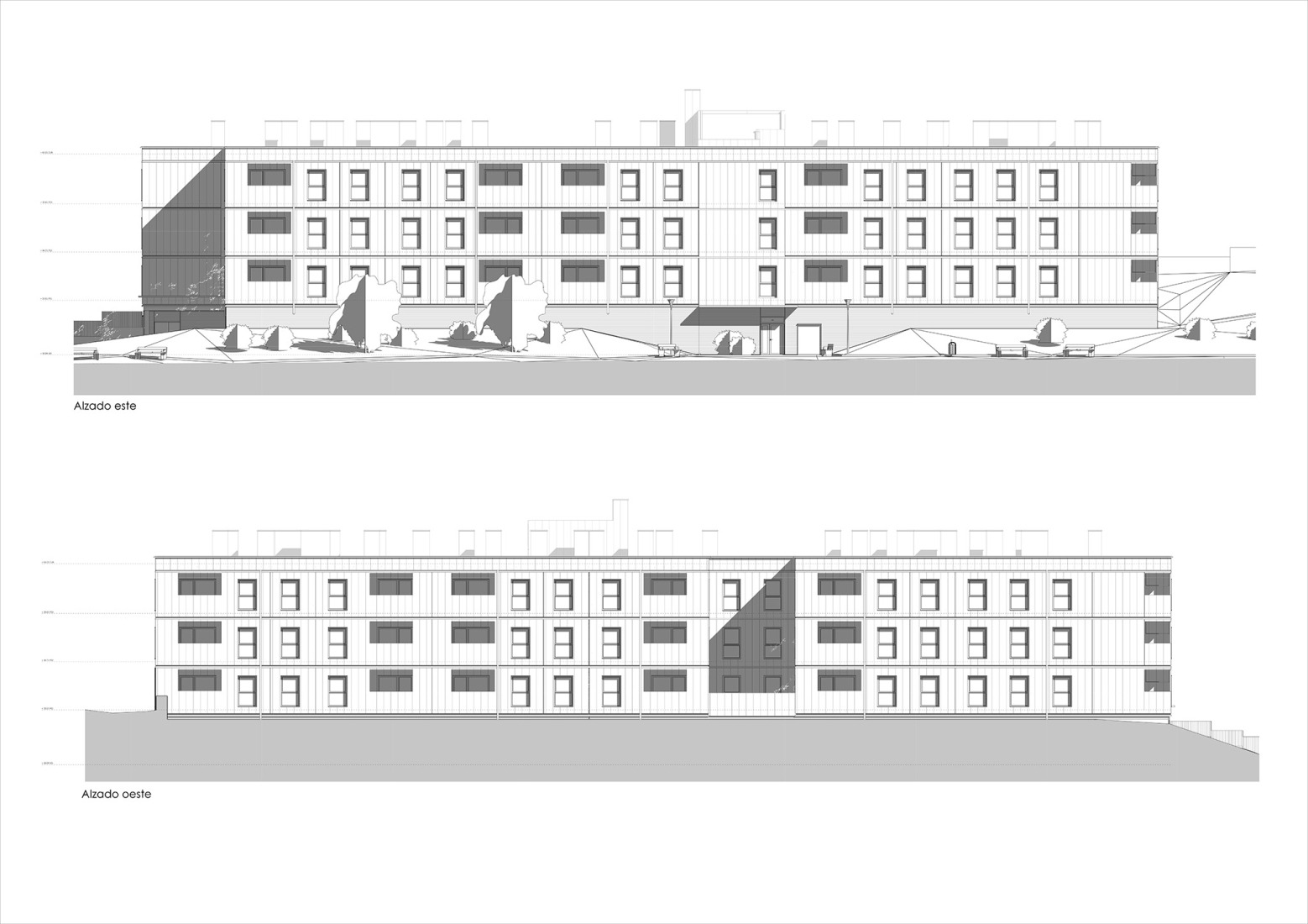 East and west elevations. Social housing in Sopela by BIEME + XLark.