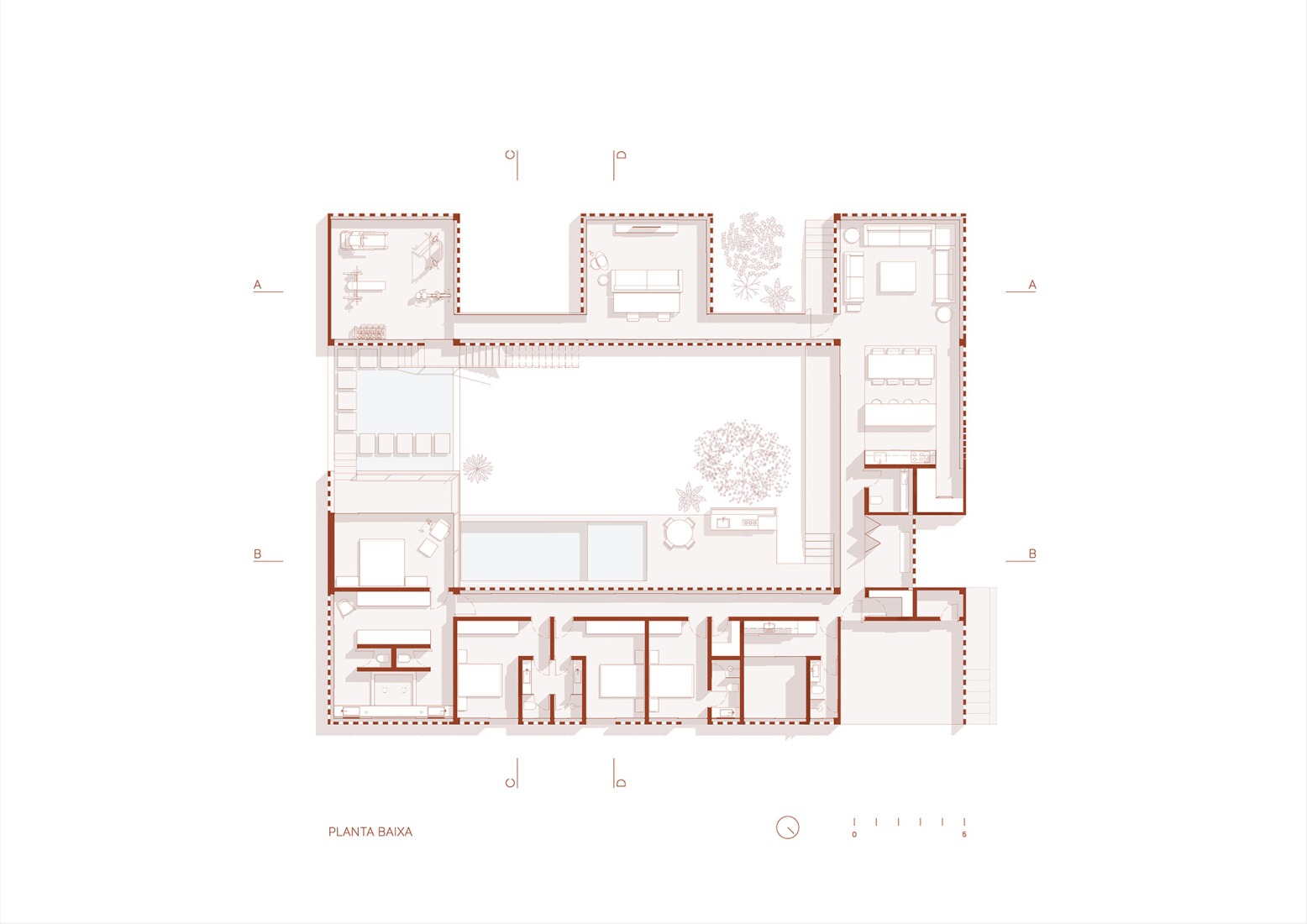 Ground floor plan. Tupin House by BLOCO Arquitetos.