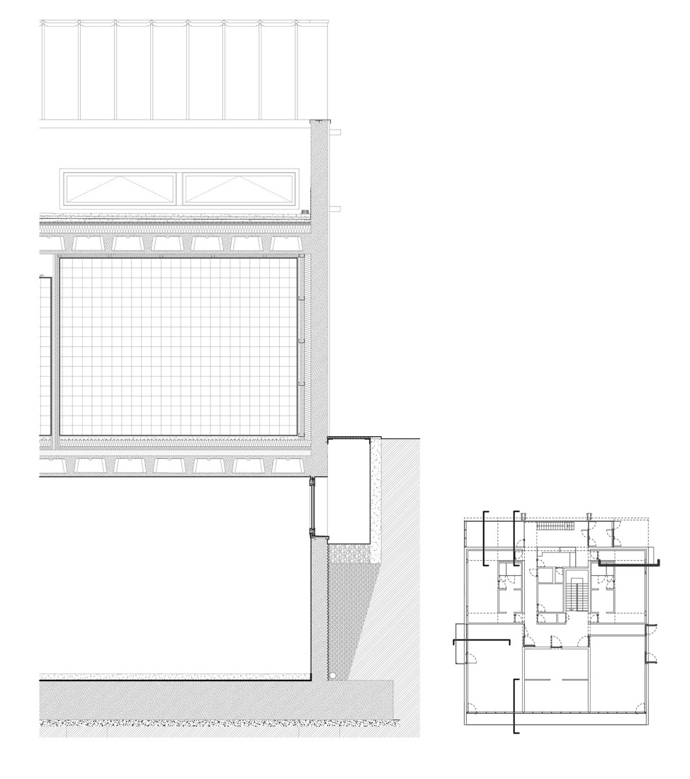 Sección constructiva sede club de piragüismo. Cosido urbano en Sesto Calende por Giulia de Appolonia.