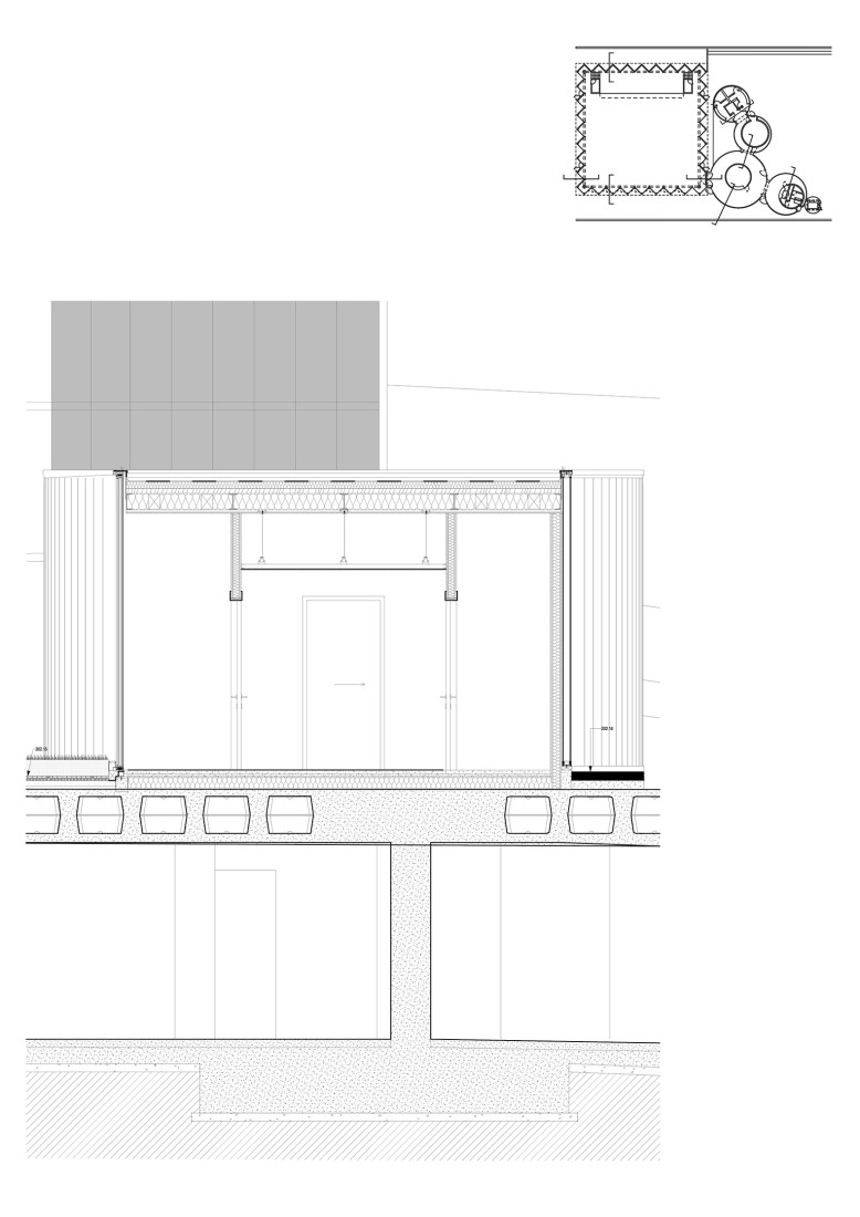 Sección constructiva sala polivalente. Cosido urbano en Sesto Calende por Giulia de Appolonia.