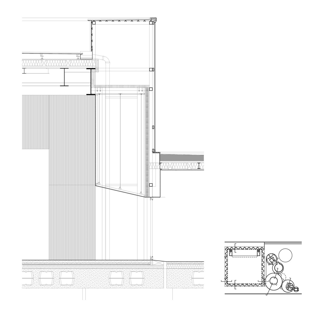 Sección constructiva sala polivalente. Cosido urbano en Sesto Calende por Giulia de Appolonia.