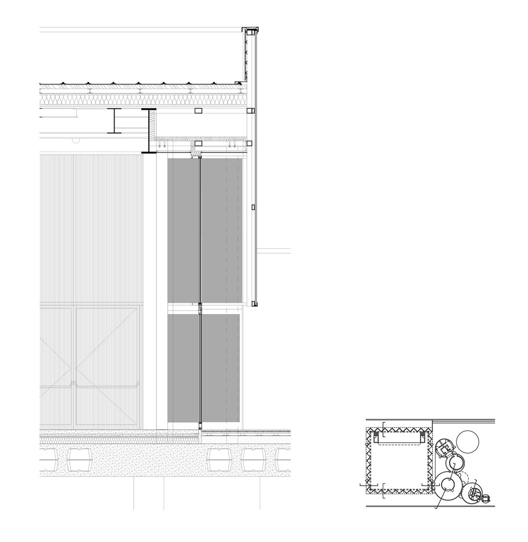 Sección constructiva sala polivalente. Cosido urbano en Sesto Calende por Giulia de Appolonia.