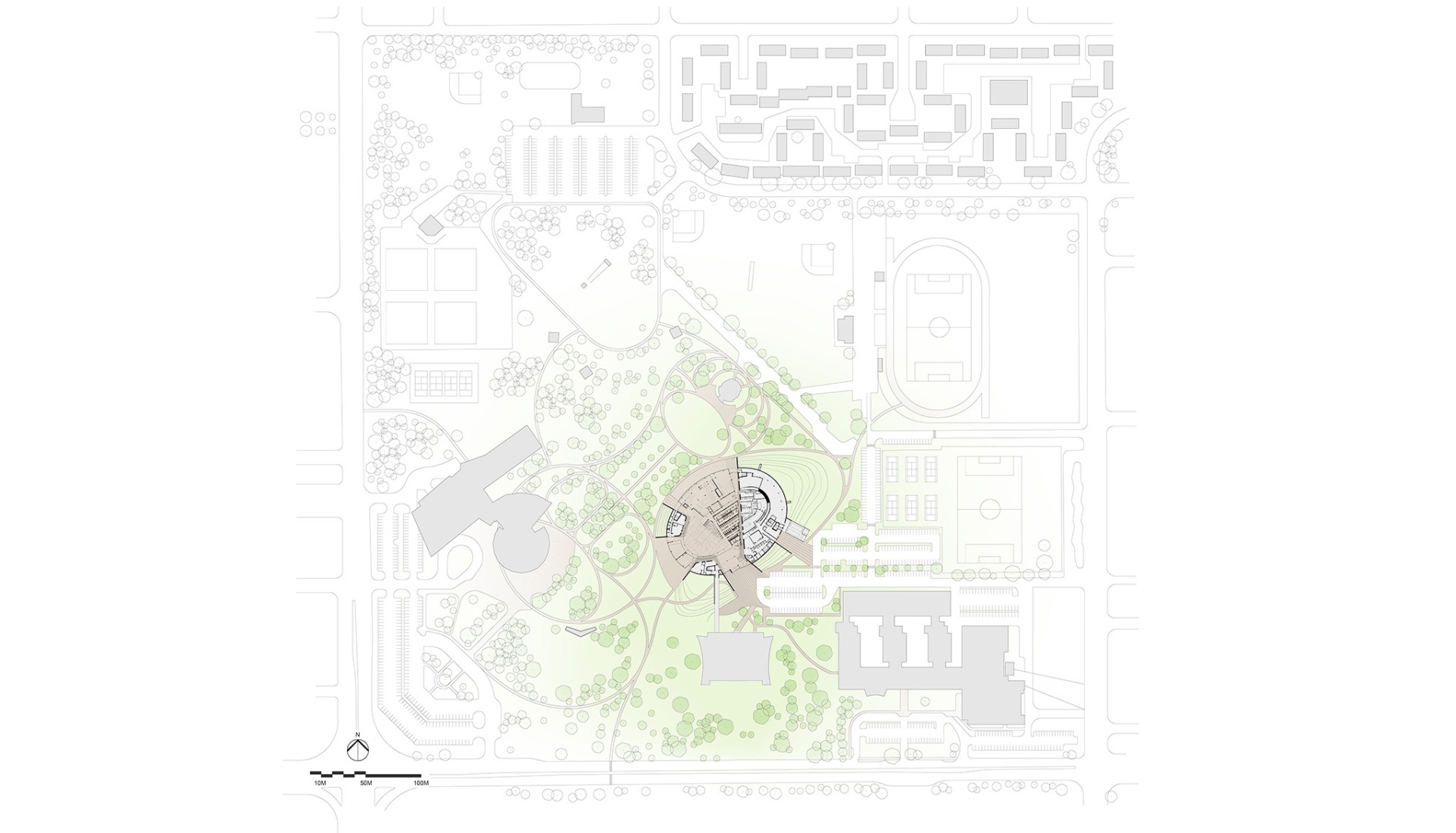 Site plan with first floor plan. Coronation Park by HCMA + Dub Architects + FaulknerBrowns.