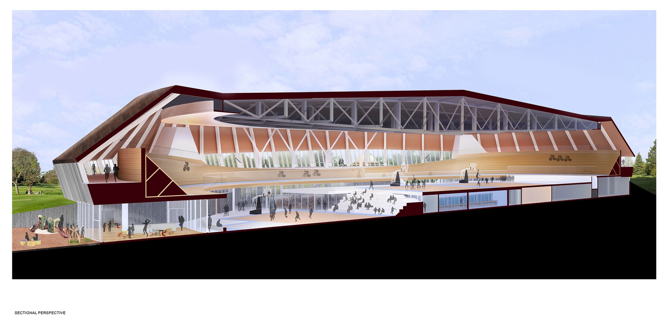 Perspective section. Coronation Park by HCMA + Dub Architects + FaulknerBrowns.